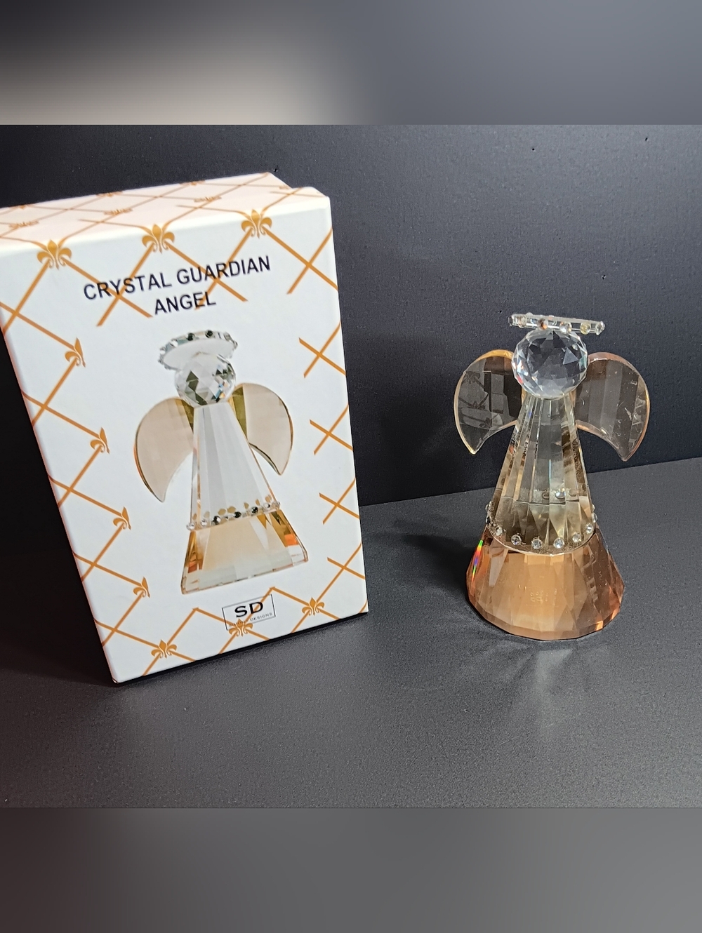 Simon Designs Crystal Guardian Angel Figurine - Champagne Crystal w/Rhinestones